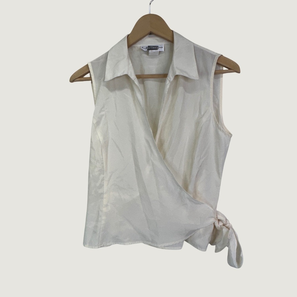 E.K. Designs Sleeveless Wrap Top Small Cream Side Tie Collared Minimalist Blouse